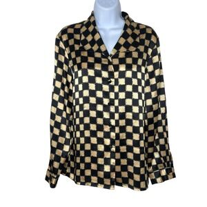 VTG Y2K K. Arnold Gold Black Check Satin Long Sleeve Button Up Blouse SMALL 00s